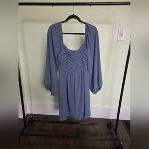 Mittoshop Ruched Long Sleeve Dress in Dusty Blue